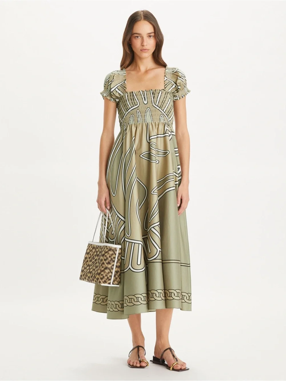 New Tory Burch Print Smocked Cotton Dress